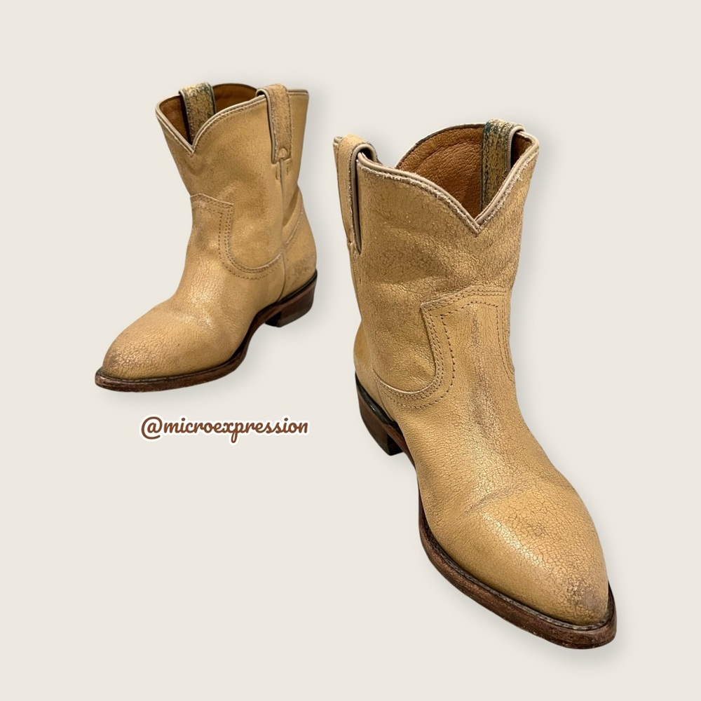 $379 Frye Billy Pull On Sunflower Tan/Beige Crackled Leather Cowboy Short Boot - Picture 16 of 16